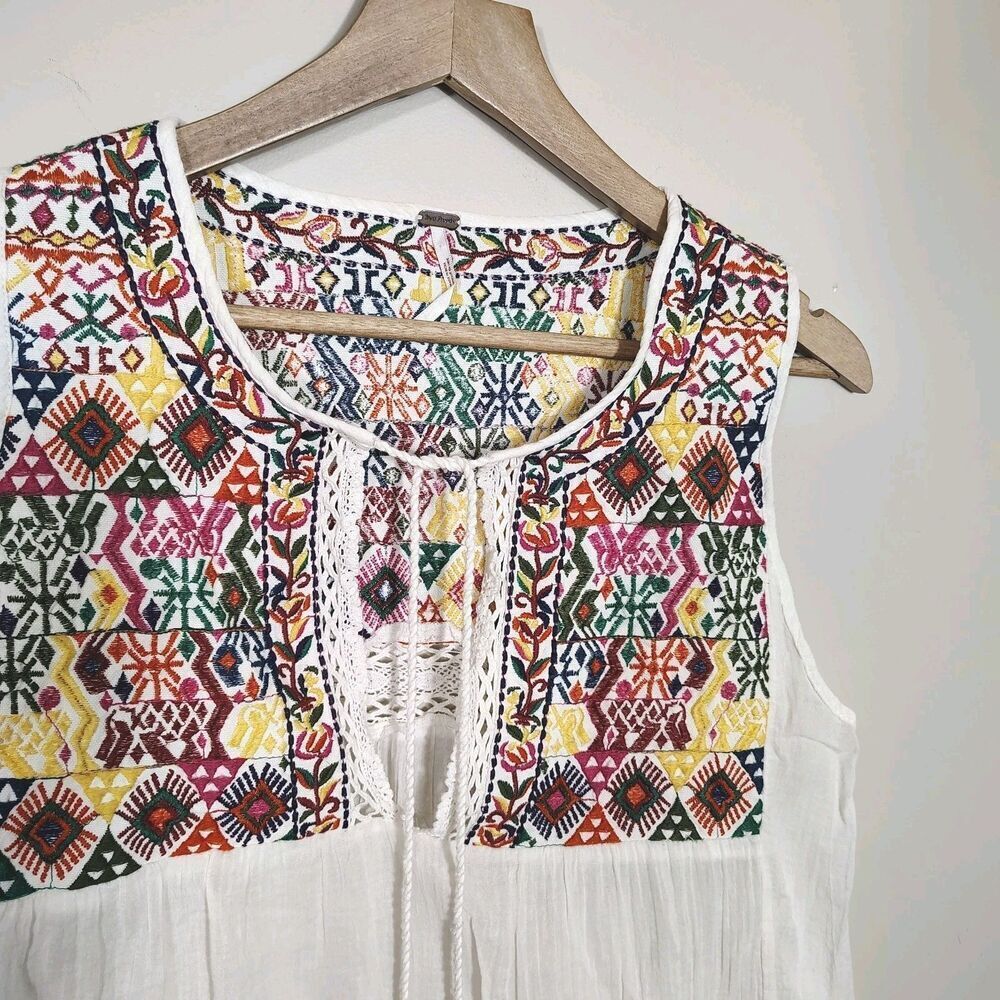 Free People Boho Embroidered Peasant Tank Top Size M Cream Festival - Picture 8 of 9